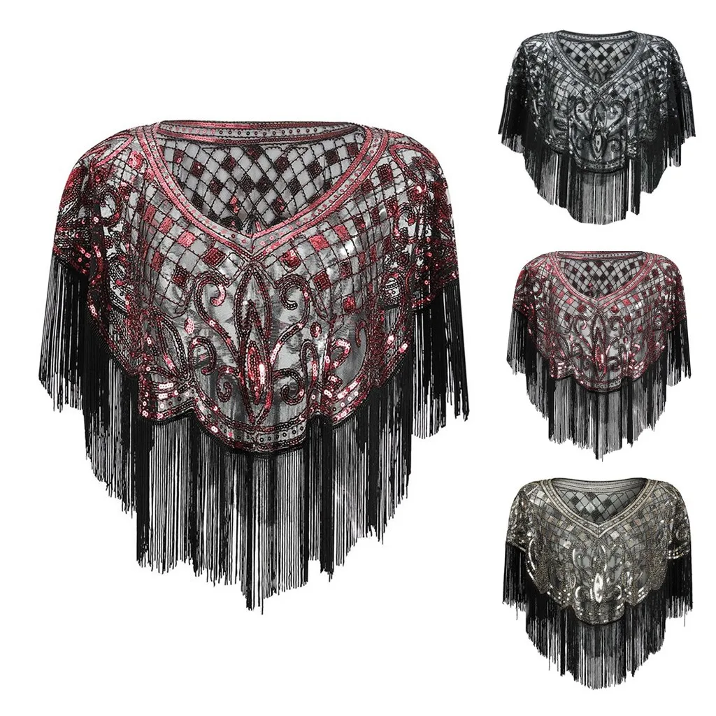 Женская шаль 1920 накидка в стиле арт деко с блестками кисточками вечерняя болеро