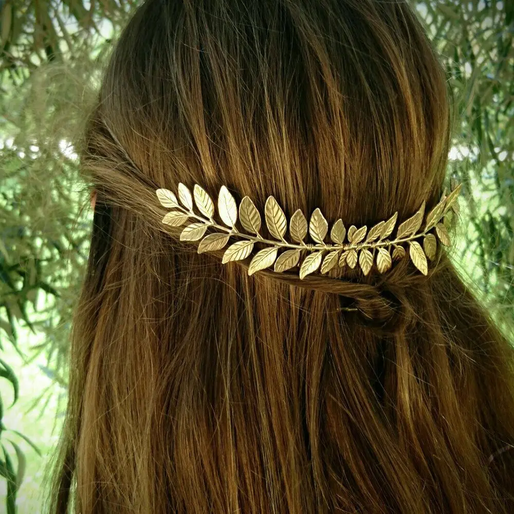

Греческая Свадебная ветка с листьями для женщин, повязка на голову с золотыми и серебряными листьями, заколка-гребень для волос, ювелирное и...