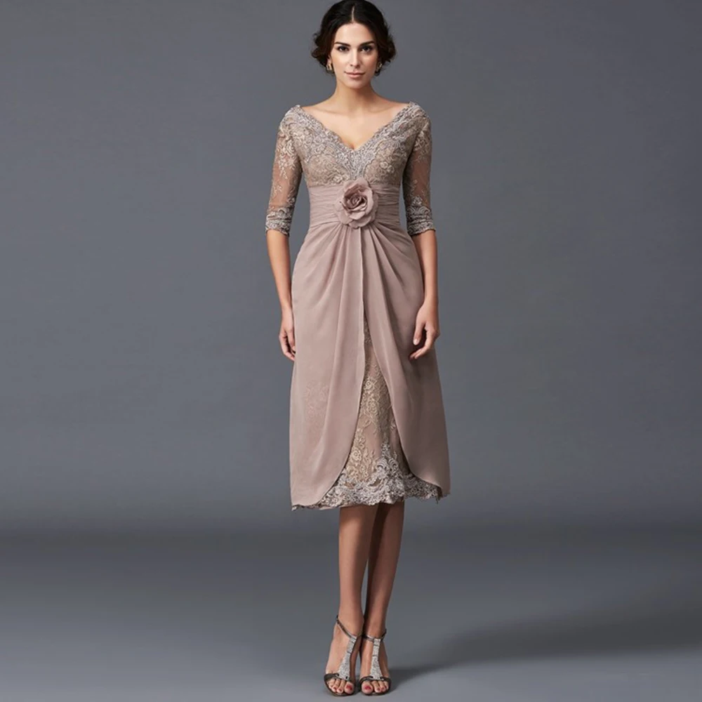 

Elegant Mother Of The Bride Dresses Satin Chiffon Appliques Pleat V-Neck Half Sleeve Zipper A-Line Gowns Novia Do 2021 New Party