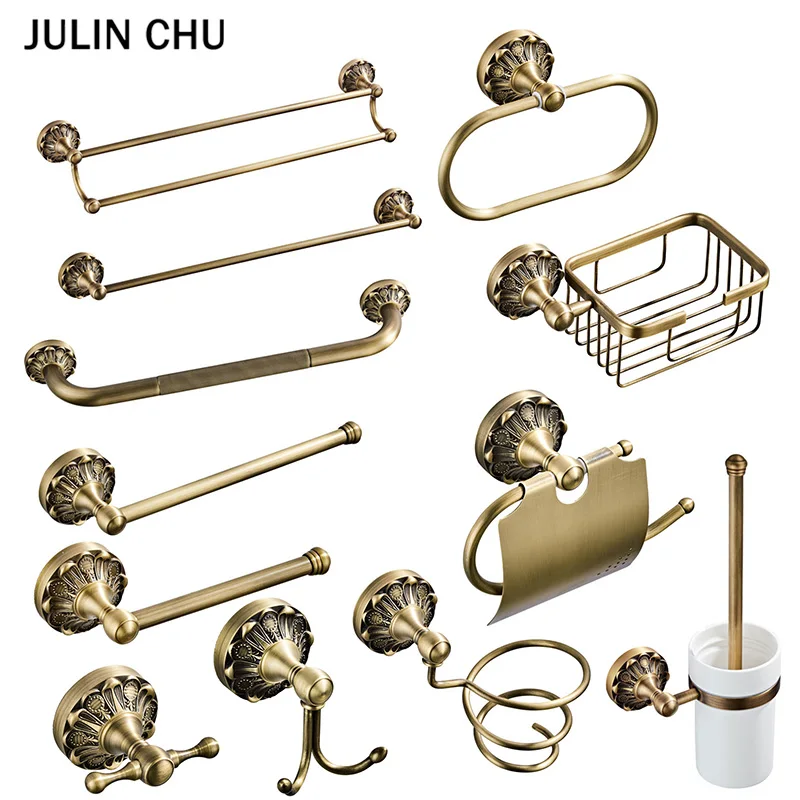 Rack Accessories Set Bronze Vintage Brass Hairdryer Holder Wc Paper  Ring Soap Basket Robe Hook Grab Bars