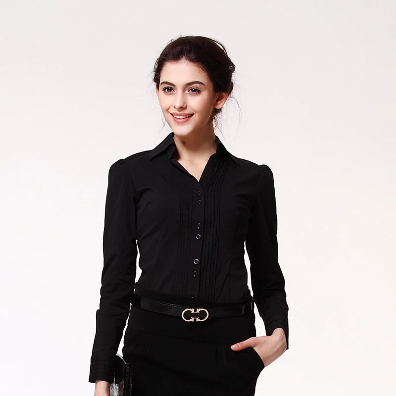 Cotton Pure Color V-Neck Women's Shirt New Autumn Professional Wear Long Sleeve Ladies Blouse Office Slim Dressy Tops For Women