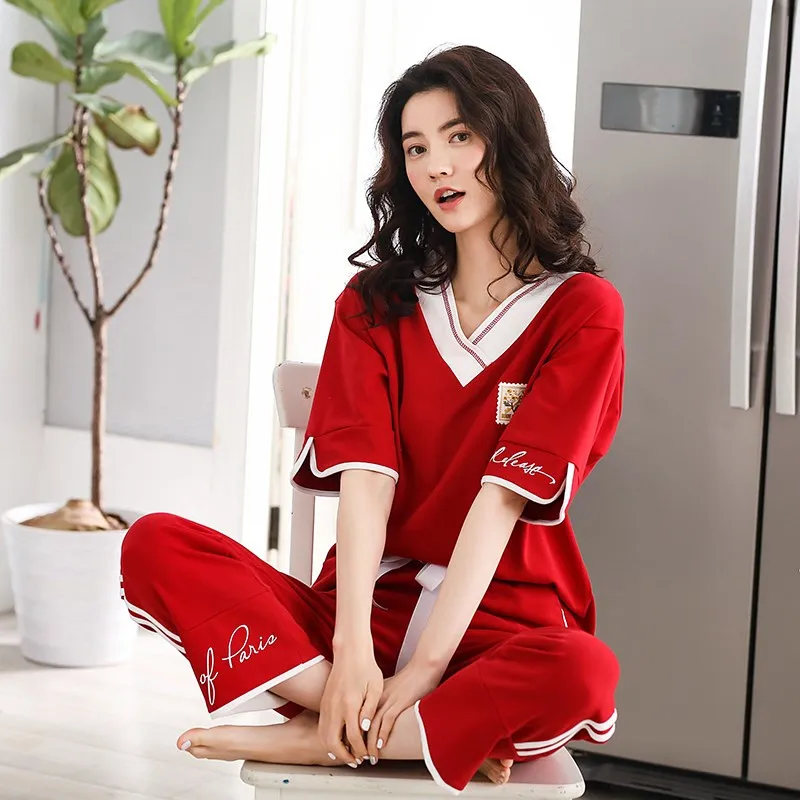 

Summer Women's Pajamas Short-sleeved Cotton Trousers Sleepwear Pullover