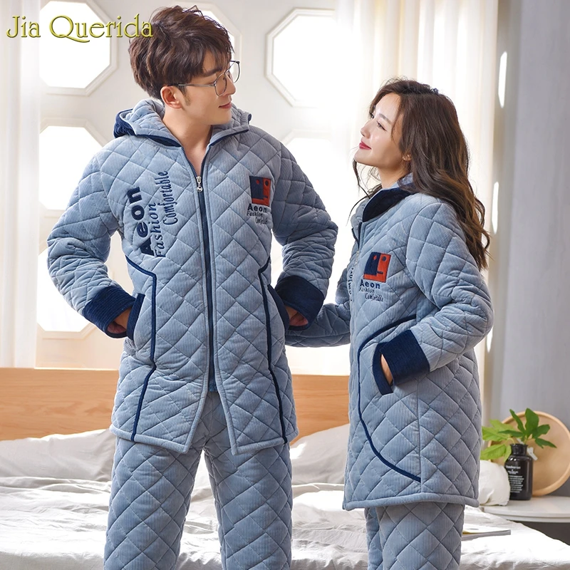 New Couple Winter Velvet Pajamas 3 Layer Padded Warm Home Clothing Hooded Cardigan Zipper Jacket Chic Embroidery Couple Pajamas