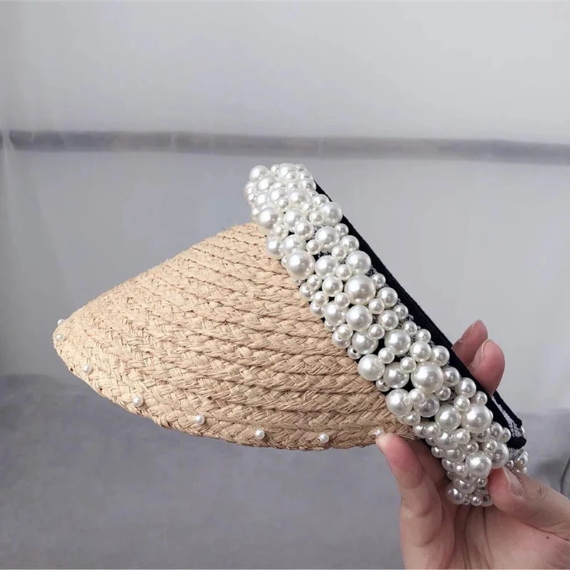 

Wholesale New Women Pearl Headband Hat Raffia Visor Caps For Girls Beach Hats Braided Fashion Cap Lady Summer Straw Sun Hat