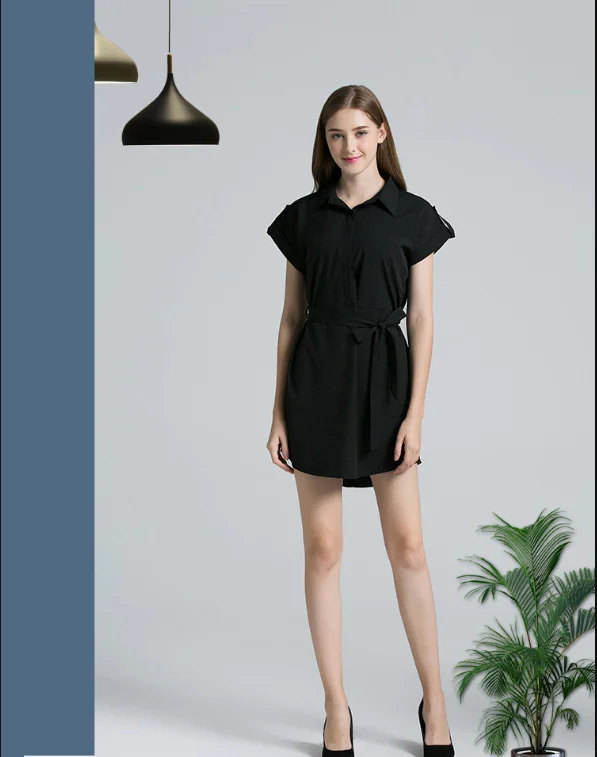 

Solid color casual shirt collar simple short sleeve dress