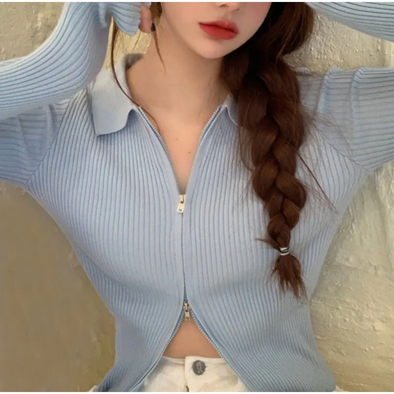 Женский трикотажный кардиган на молнии уличный свитер в рубчик с отложным