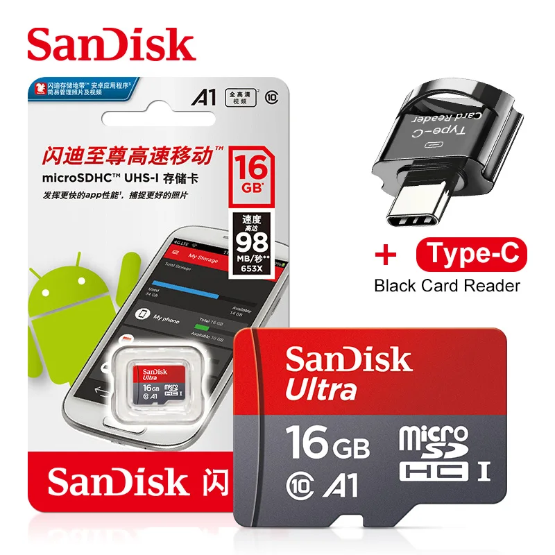 

SanDisk Micro SD Card Class10 TF Card 16GB 32GB 64GB 100% Original 128GB 256GB Max 120Mb/s memory card w/ Type-C Card Reader