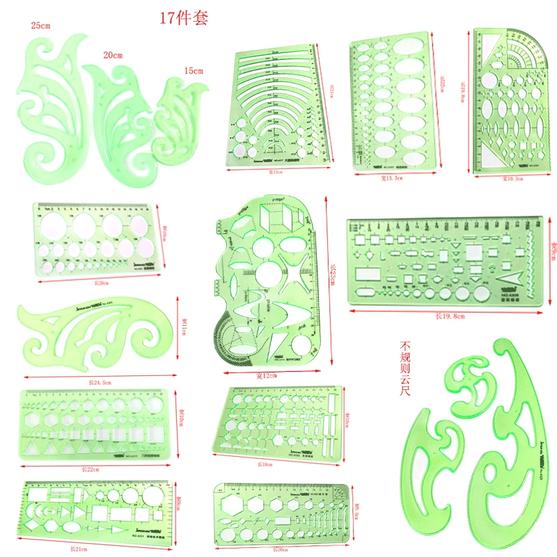 

17pcs/set rulers Green Plastic Circles Geometric Template Ruler Stencil Measuring Tool Stationery Students Drawing Curve Ruler