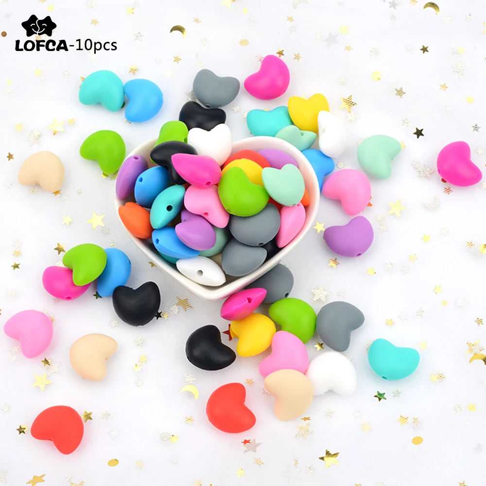 LOFCA-Cuentas de silicona en forma de coraz&oacute;n para fabricaci&oacute;n de joyas, collar de dentici&oacute;n libre de BPA, cuentas sueltas para chupete, soporte DIY, 10 unids/lote-0