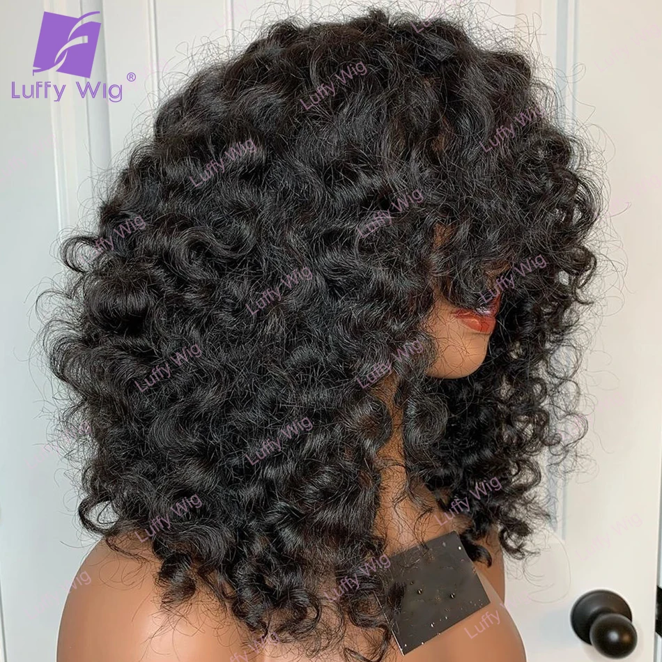 

Short Curly Human Hair Wigs With Bangs 200Density Brazilian Remy Curly Bob O Scalp Top Wig Glueless For Black Women LUFFY