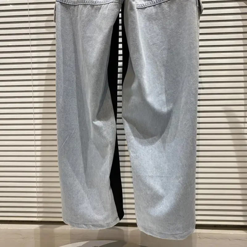 

2021 Summer Female New Side Double Pocket Denim Stitching Casual Pants Women Color Collision Straight-Leg Full Length Pants