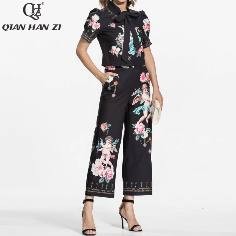 Qian Han Zi fashion runway 2-piece set Bow collar Short shirt top+Retro pattern printing straight cylinder Pants Suit sets Women