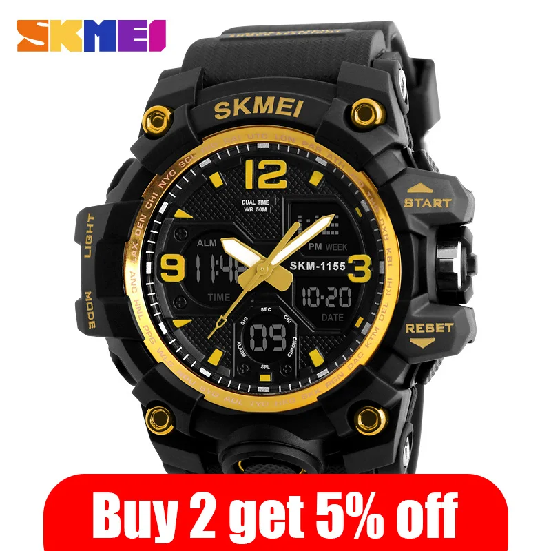 SKMEI мужские спортивные часы модные кварцевые цифровые двойной дисплей 12/24 часов