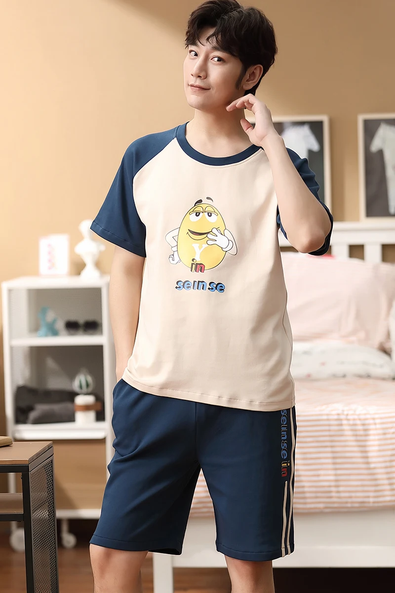 

Summer New Round Neck Men Pajamas Set Short Sleeve Pajama Shorts 2 Piece Suit Print Sleepwear Large Size Cotton Pyjamas Set 6612