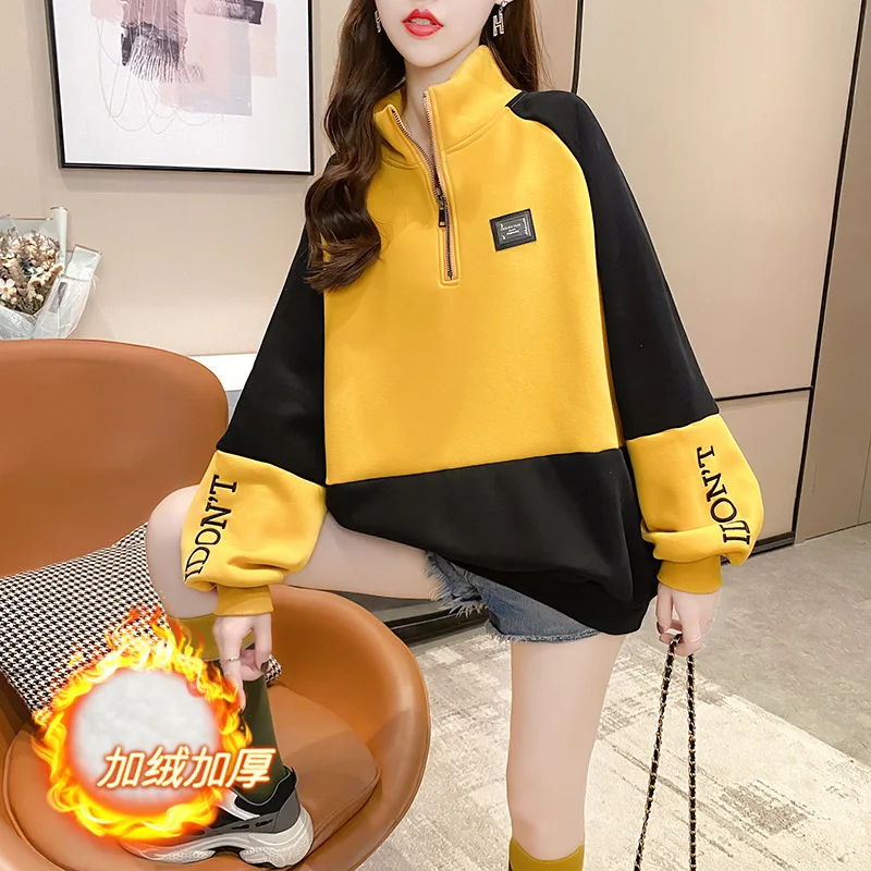

Plus Size Women Fleece High-neck Hoodies Sweater Autumn Winter Warmth Thick Embroidered Letters Loose Zipper Jacket Oversize