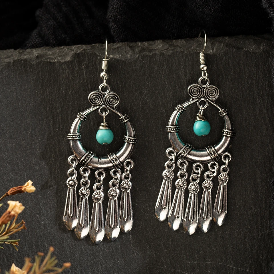 

2020 Vintage boho green silver color long tassel dangle drop earrings for women fashion female jewelry accessories cc wholesale