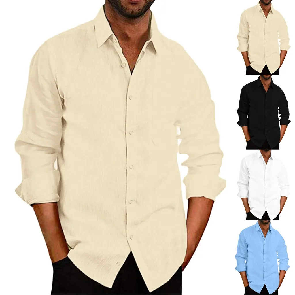 Мужские рубашки мешковатые хлопковые футболки с карманом и длинным рукавом в