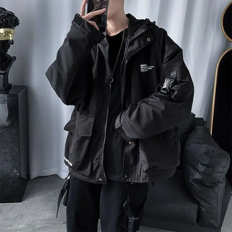 

Tactical Hip Hop Cargo Techwear Jackets Coats Streetwear Cardigan Casual Bomber Outerwear Hooded Letter Multi-pocket for Men