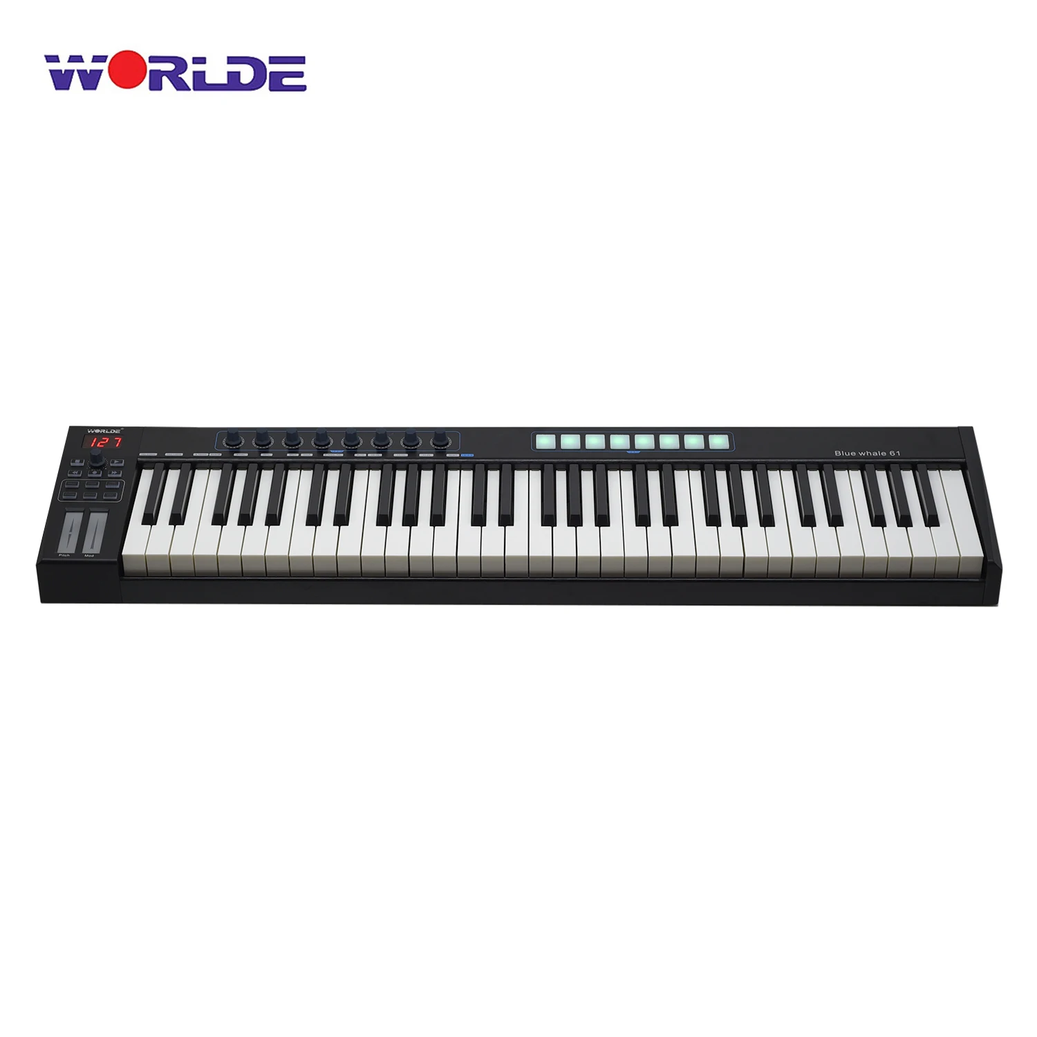 

WORLDE Blue whale 61 Portable USB MIDI Controller Keyboard MIDI 61 Semi-weighted Keys 8 RGB Backlit Trigger Pads LED Display