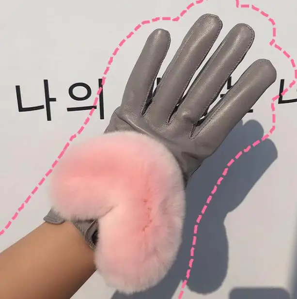 Женские зимние перчатки U-образные кожаные с мехом кролика Рекс короткие из