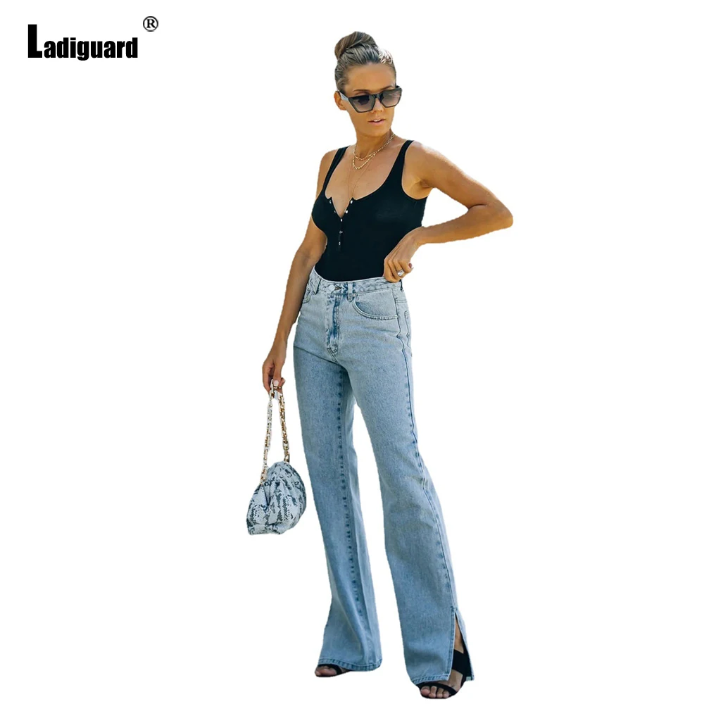 Ladiguard Fashion Straight Leg Denim Pants Women's Boyfriend Jeans Light Blue Demin Pantalon Mid Waist Ladies Jeans Fall Pants