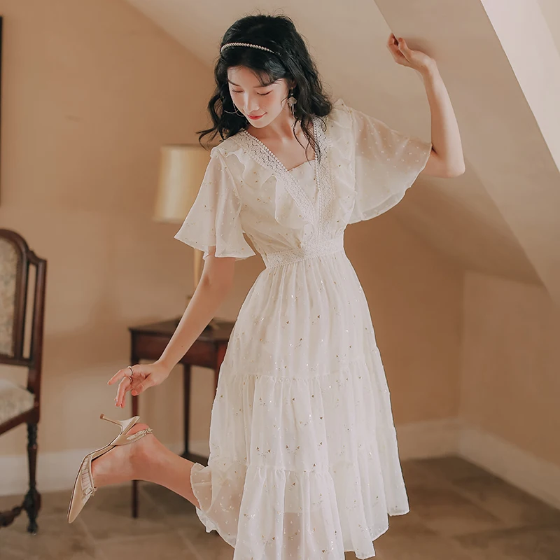 

2021 Summer Chiffon Lace Dress Women Fashion Sequins Ruffle Elegant Party Sweet Cute Chic Fairy Dresses Lady Vestidos De Fiesta