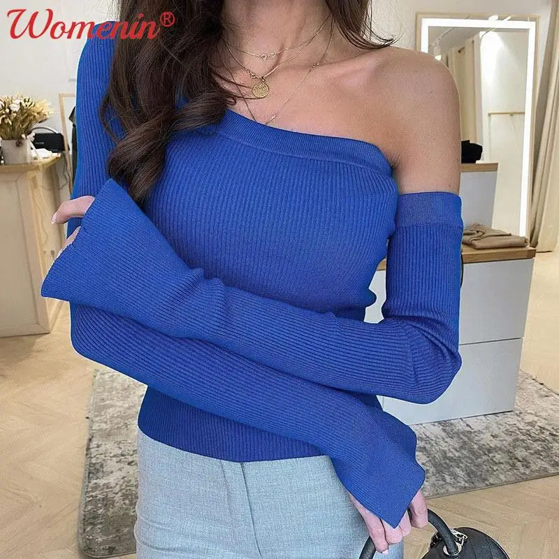 

Женский трикотажный свитер с диагональным воротником, Женские топы с открытыми плечами, однотонные облегающие сексуальные женские свитера...