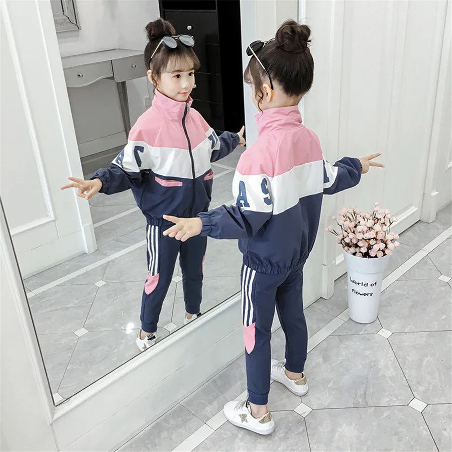 

Новинка 2020, осенне-весенняя одежда для девочек, костюмы, пальто, детская Двухцветная Толстовка, спортивный костюм, спортивные костюмы, верхн...