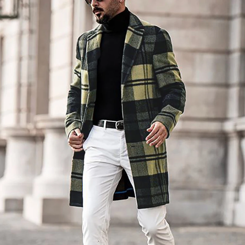

Fashion Plaid Printed Woolen Long Jackets For Men Winter Warm Long Sleeve Outerwear 2021 Autumn Men Casual Turn-down Collar Coat