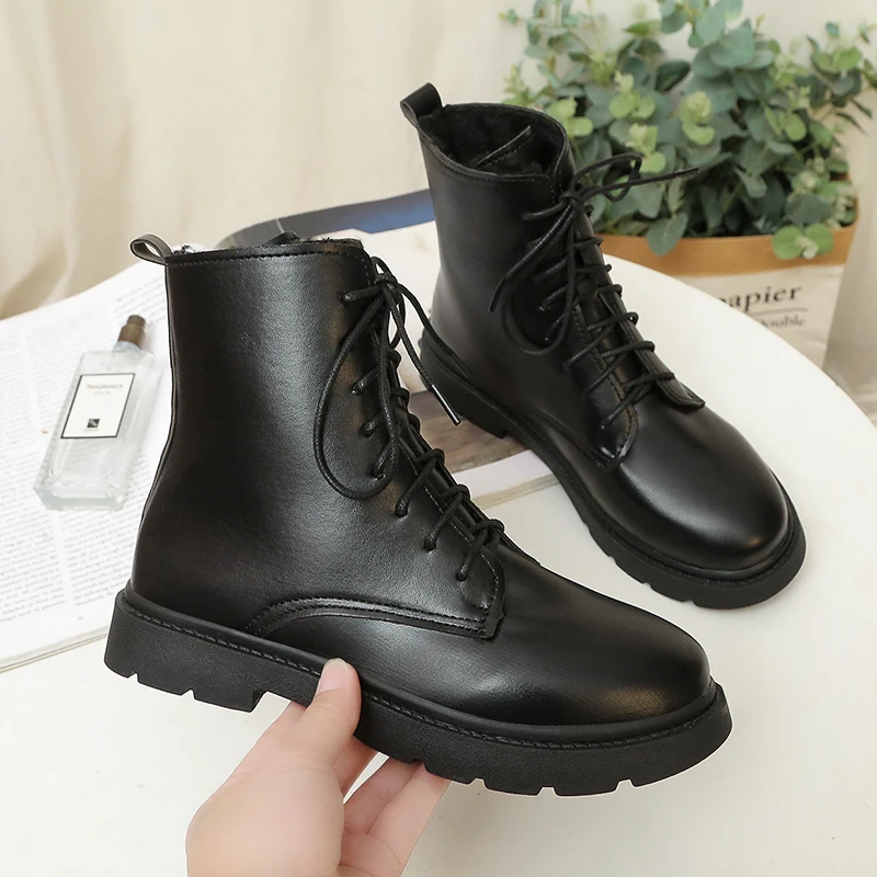 

Women's Short Boots 2021 Autumn and Winter New Style Chelsea Boots Women's Ankle Boots Thick with Solid Color Lace-up Snow Boots