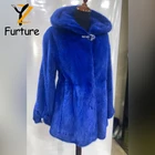 Женское пальто с капюшоном, синее пальто из натурального меха норки с длинным рукавом, зимняя куртка