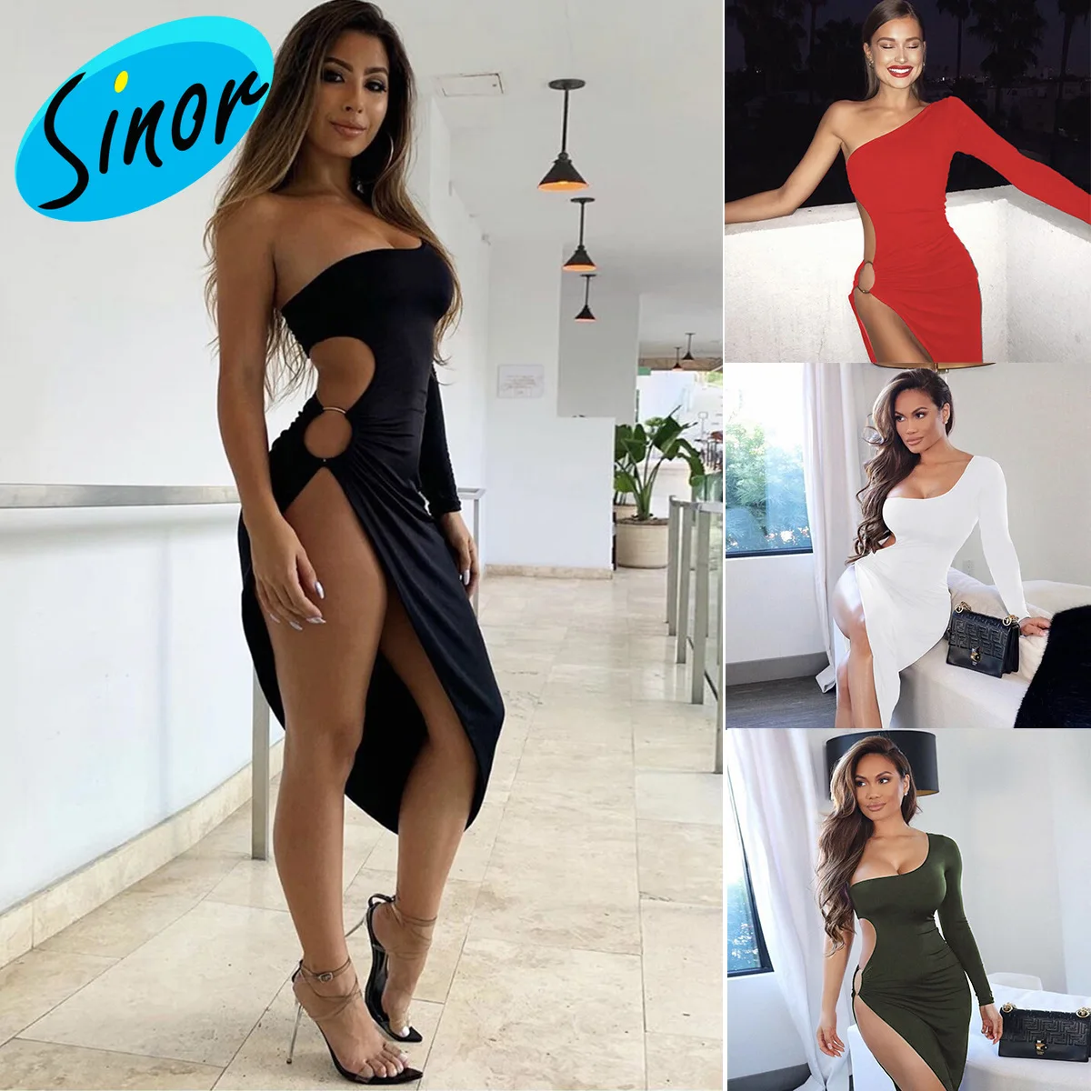 [Низкая цена] осенне-зимнее платье с длинными рукавами и одним плечом сексуальное