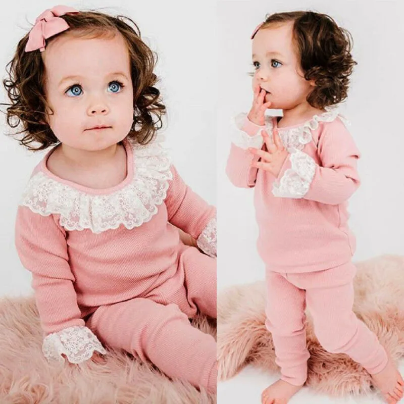 

Kid Girls Pink Lace Patchwork Clothing Casual Baby Girl Clothes Lace Ruffle Long Sleeve Top T-shirt Pants Autumn Outfits 1-5Y