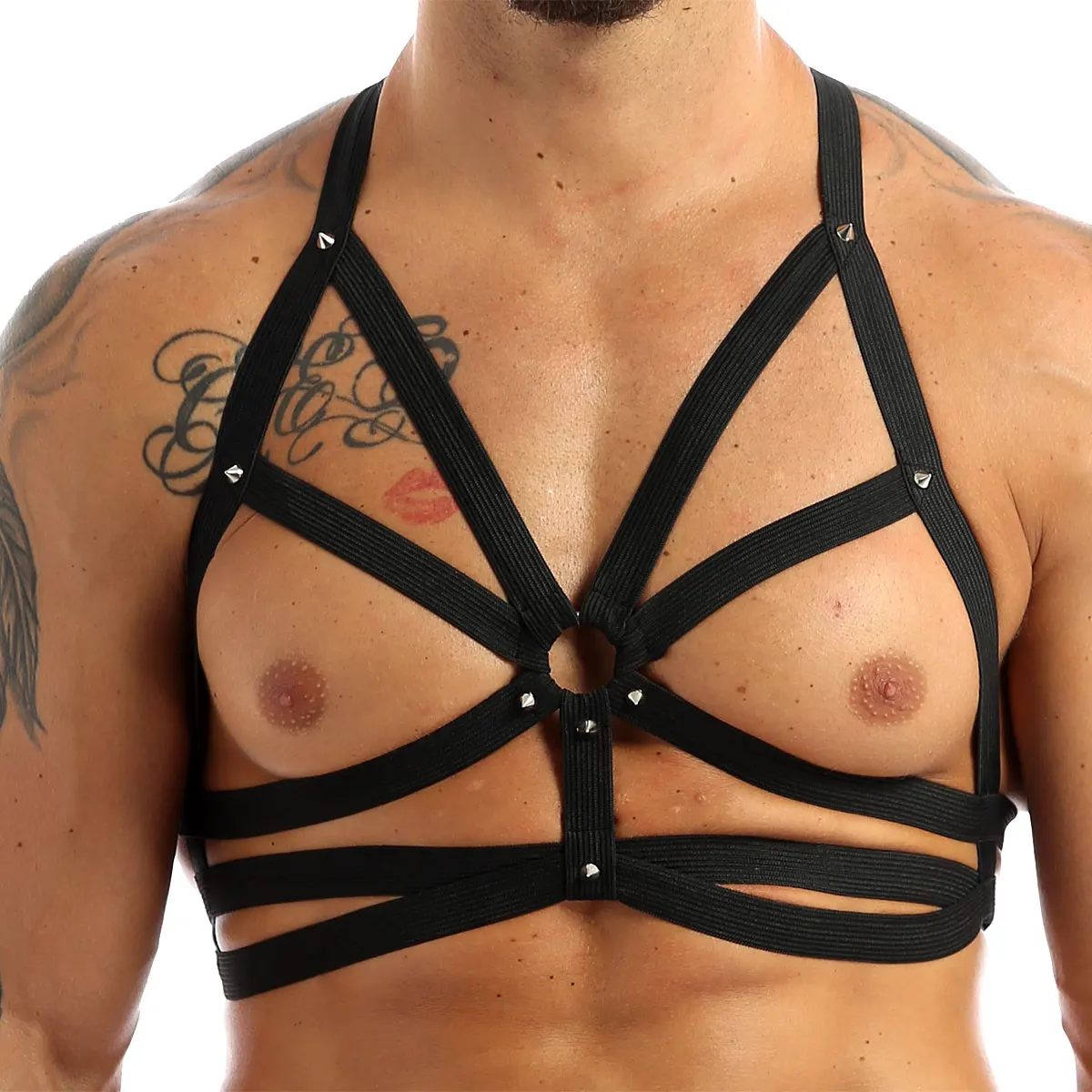 

TiaoBug Men Halter Elastic Body Sexy Chest Harness Belt Metal O-Ring Caged Crop Tops Male Gay Lingerie Punk Gothic Rave Clubwear