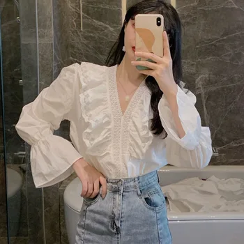 Summer Lace Stitching New Design Sense Niche Shirt Female Puff Sleeve Solid Color Long-sleeved Blouses 1