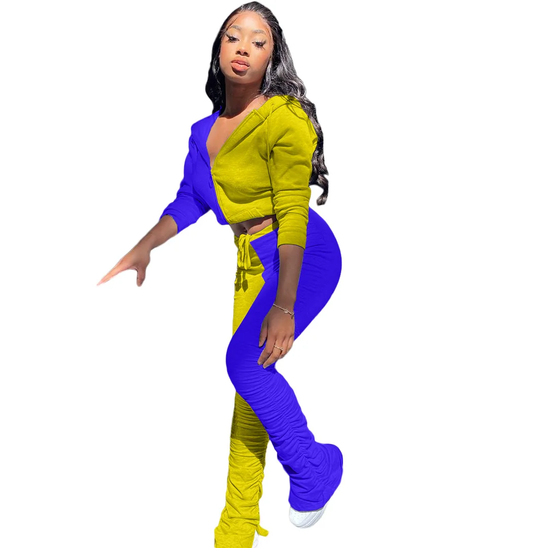 

European and American women's sweatshirt pleated split hoodie sports suit