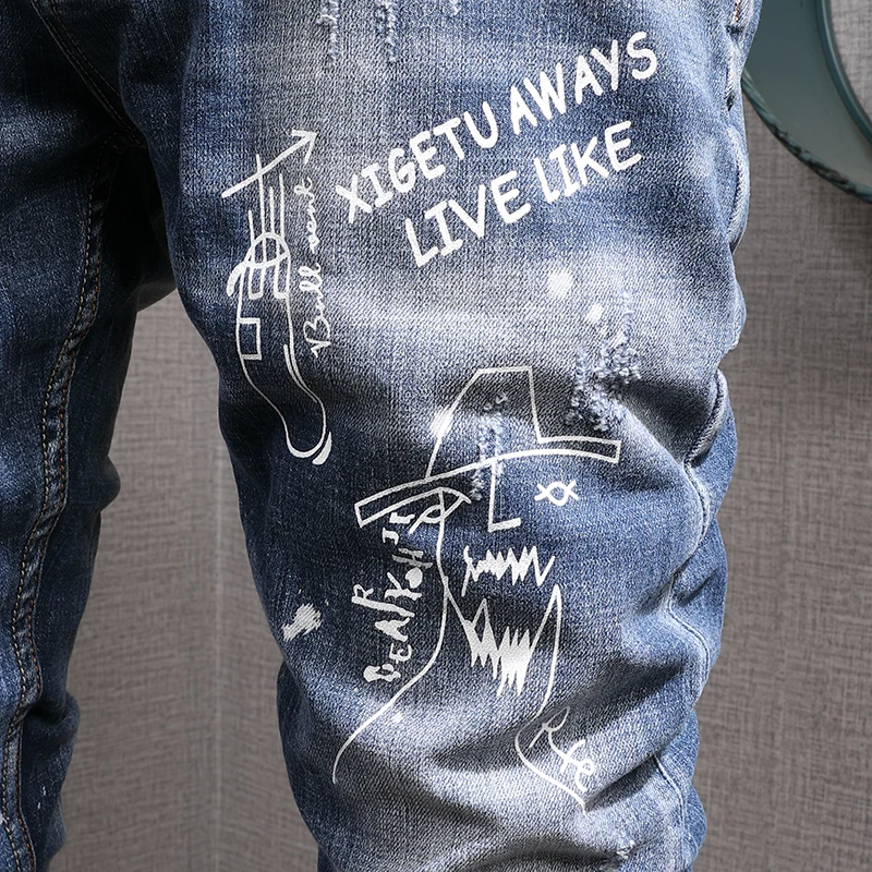 European American Street Fashion Men Jeans Vintage Retro Blue Slim Ripped Jeans Men Printed Designer Hip Hop Denim Punk Pants
