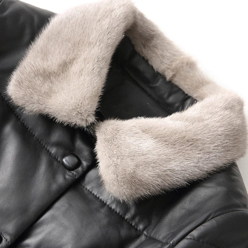 

JCHB 2021 Spring Women's Leather Coat sheepskin mink fur collar long down jacket coat T