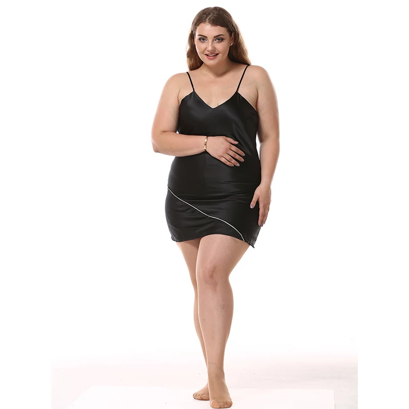 Black Satin Silk Nightdress Women's Big Size Imitation Silk Nightgowns Sexy V-Neck Sling Short Sleeping Dress Fat MM 3303