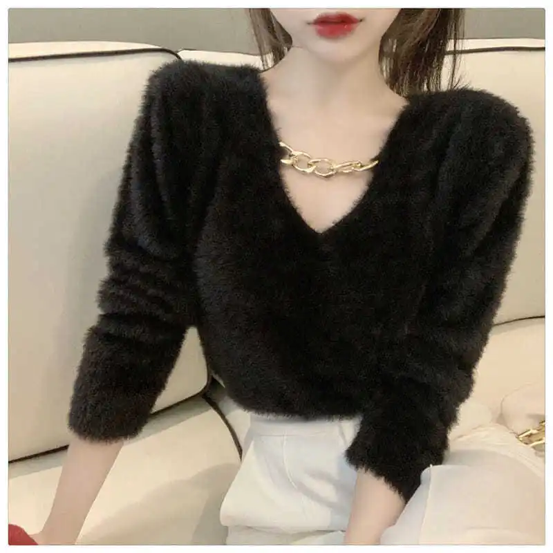 

Pullover Women 's Autumn Solid Color V-Neck Mink Sweater Slim Top