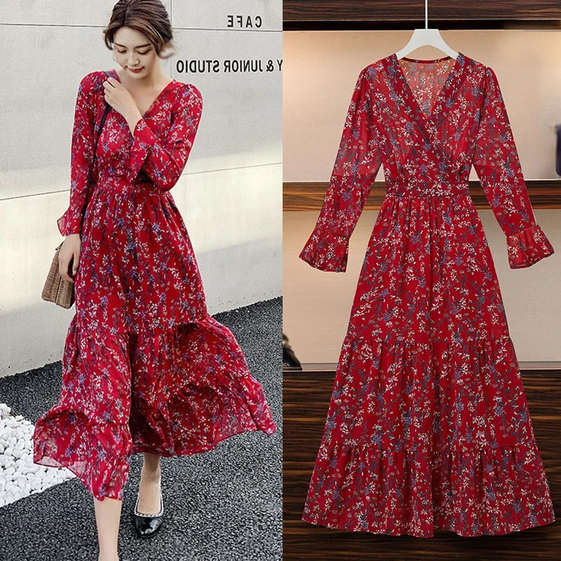 

Beach Style Bohemia Elegant Floral V-neck Long Dress Spring Autumn Ladies High Waist Long Sleeve Chiffon Dress 2021 Women Dress