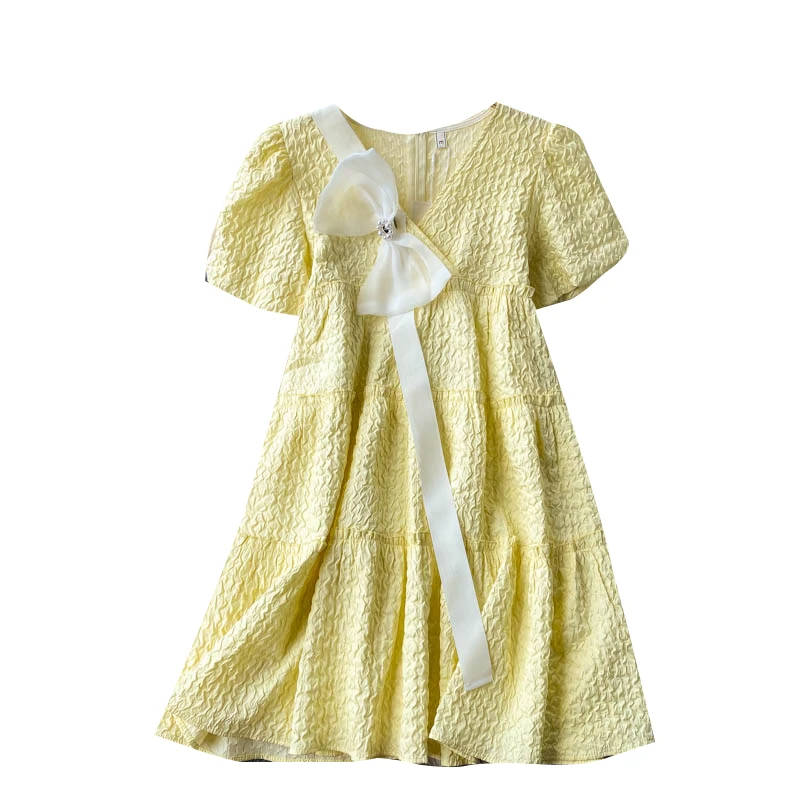 

Summer New Sweet Vestidos Female V-neck Bubble Sleeve Bowknot Contrast Stitching Age Reduction Bubble Sleeve Mini Dress DK324