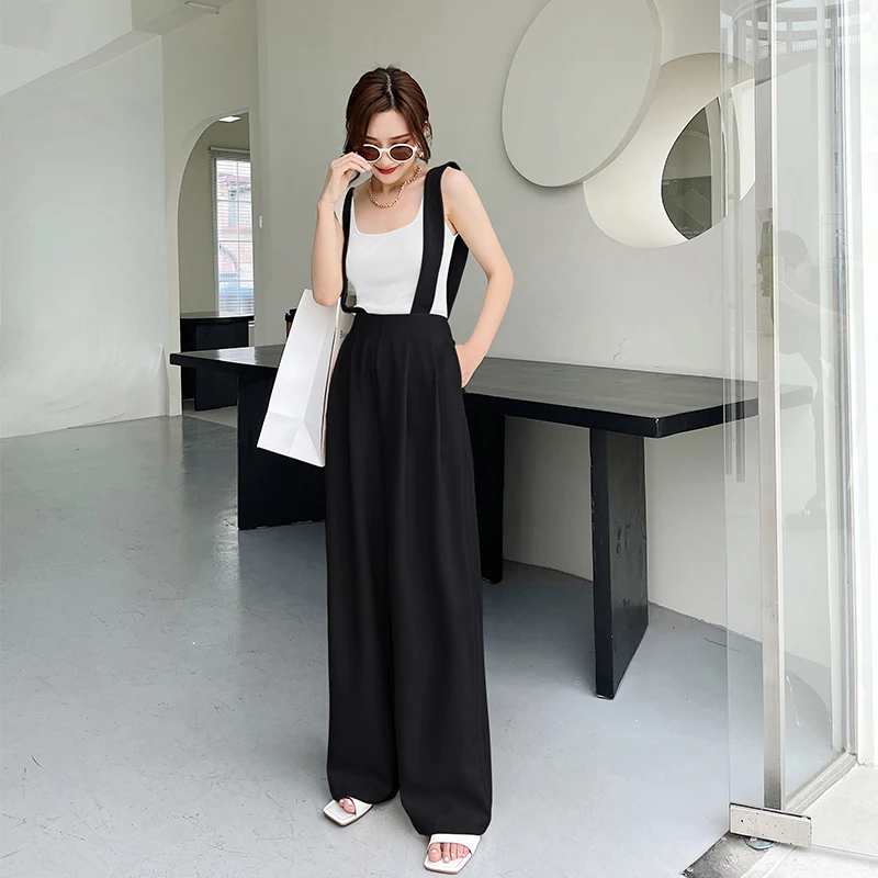 

Korejepo Women Pants 2021 Summer New Korean Chic Solid Overalls Straight Loose Wide-leg Pants High Waist Full Length Office Lady