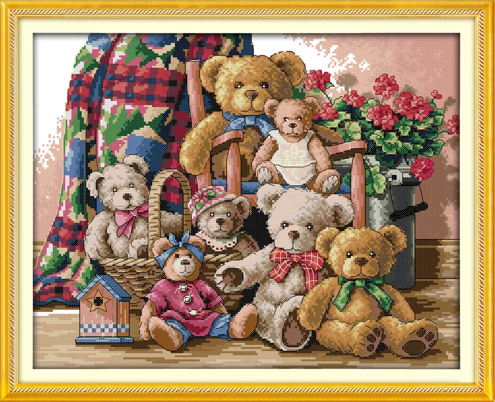 Набор для вышивки крестом Happy Bear family DMC с напечатанным принтом|stitch plush|stitch crossembroidery