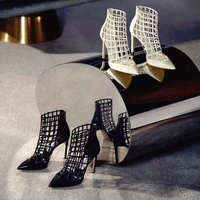 stars with the same white mesh roman pointed high heels new hollow black stiletto high heeled ankle boots women