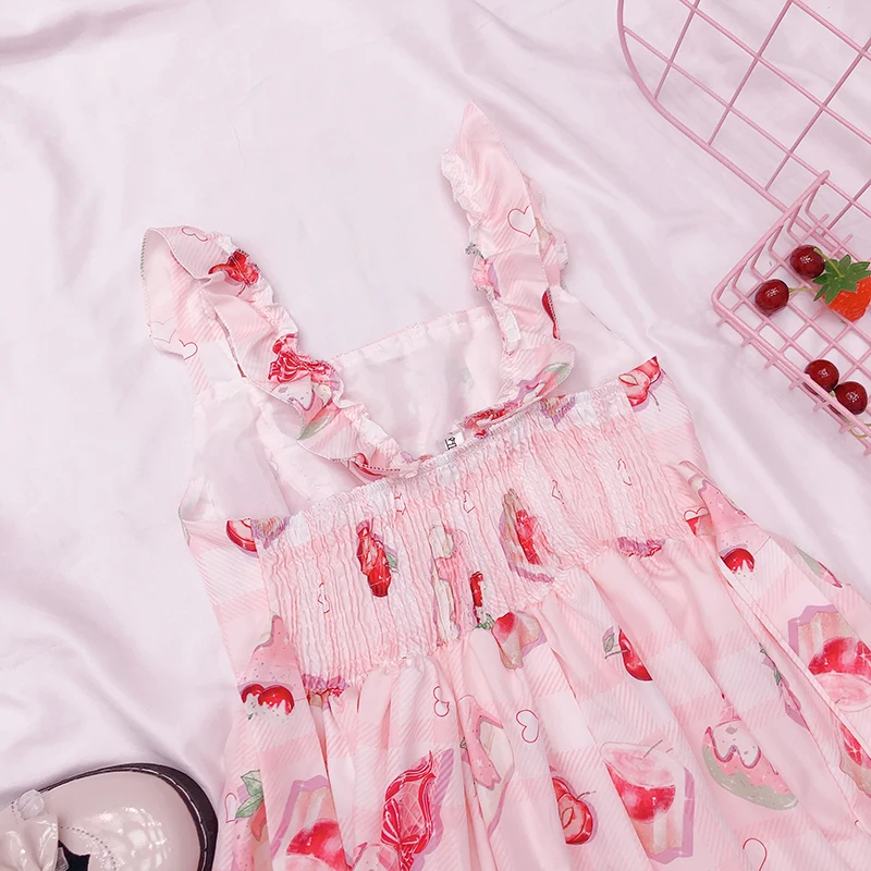 Милое японское мягкое платье для сестры милое розовое с принтом сердца и вишни