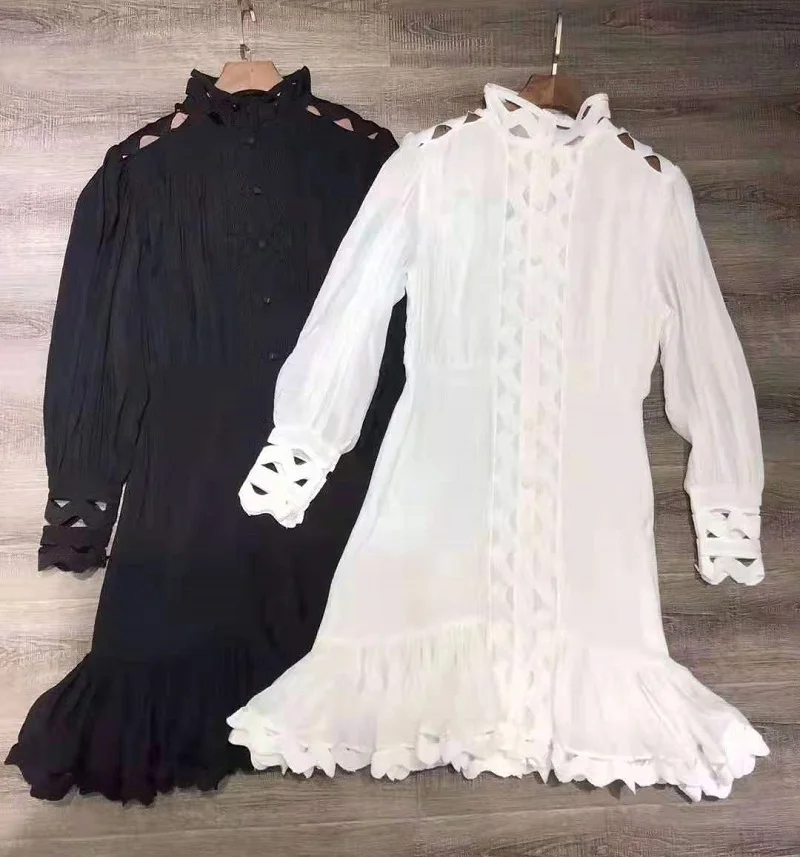 Top Quality New 2019 Autumn Sexy Party Mermaid Dress Casual Women Hollow Out Embroidery Long Sleeve White Black Above Knee | Женская