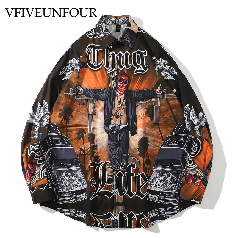 

VFIVE UNFOUR Shirts Vintage Punk Rock Gothic Print Long Sleeve Shirt Hip Hop Streetwear Harajuku Fashion Casual Tops