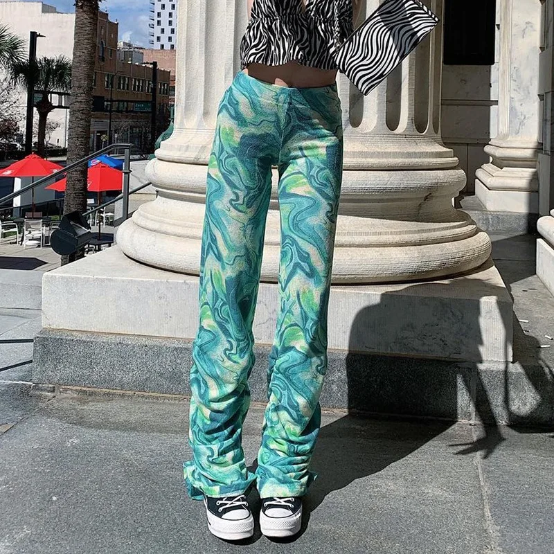 

Y2K Aesthetics Vintage Tie Dye Stacked Pants Long Trousers Hip Hop Streetwear 90s Women Ruched Hem High Waist Baggy Sweatpants