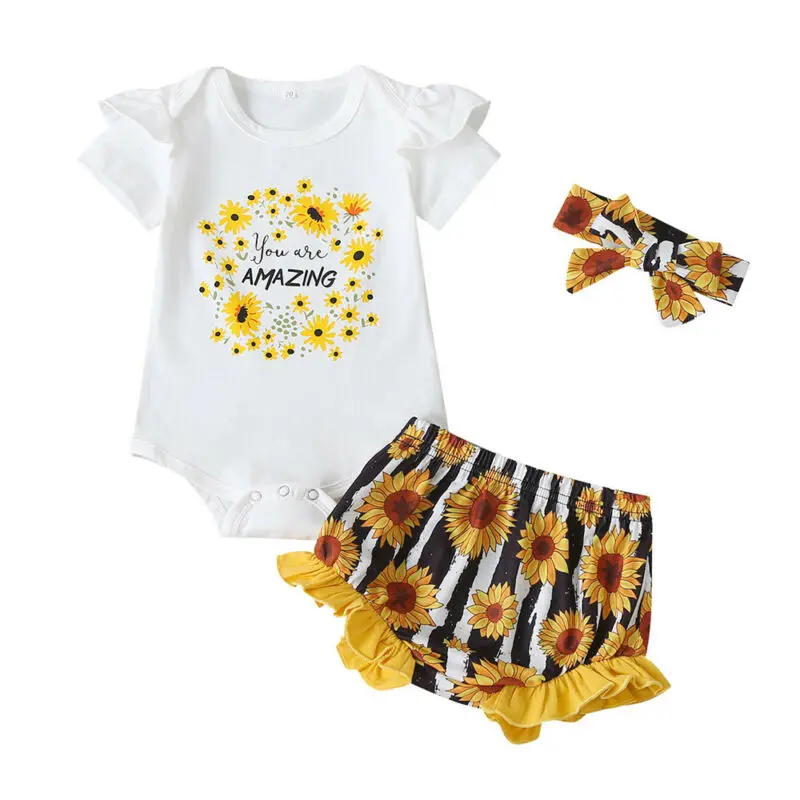 

Baby Short Sleeve Shorts Hairband Set White Ruffle Letter Printed Cotton Top Flower Fruit Summer Three Piece Sets